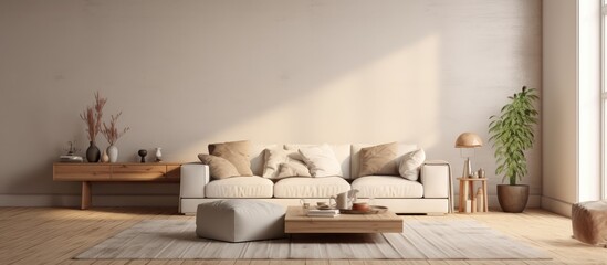 Wall Mural - A cozy living room in a building with a hardwood couch and a wood coffee table, overlooking a beautiful natural landscape with trees and sky