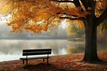 Wall Mural - A bench is sitting by a lake with a tree in the background