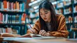 © ckybe - A young Asian student studying and writing in a university library.