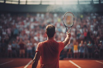 A male professional tennis player seen from behind greeting the crowd after winning a major clay court tennis tournament