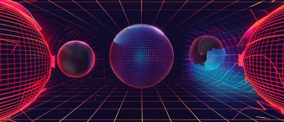 Poster - With wireframe tunnel and sphere geometric shapes on black background, this poster and banner template set has a retro Y2K aesthetic. It features a cyberpunk and techno cover with grid ornament