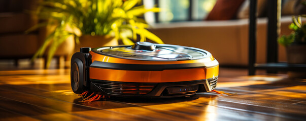 Poster - Autonomous robotic vacuum cleaner on polished wooden floor efficiently cleaning household surfaces in a modern home interior with warm sunlight streaming in