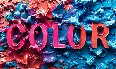 Poster - Vibrant COLOR text in bold 3D letters against a dynamic and explosive background of multicolored paint splashes, representing creativity, diversity, and artistic expression