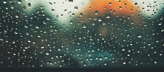 Wall Mural - A close up of water droplets on a windshield, a result of drizzling precipitation. The liquid moisture forms dew on the automotive window part