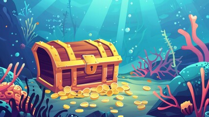 Wall Mural - Floating treasure chest in underwater kingdom with corals and algae. Cartoon modern illustration of gold box on sea bottom surrounded by corals and algae.