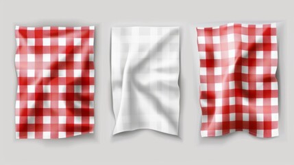 Wall Mural - Empty and red gingham handkerchief mockup - realistic modern illustration of folded cloth napkin or kitchen towel top view. Fabric textile tablecloth or restaurant serviette template.