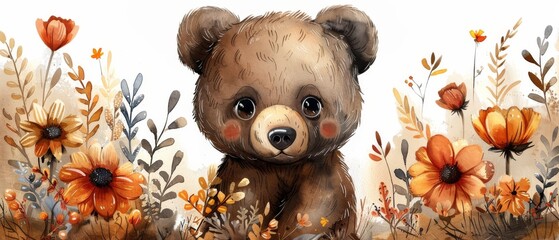 Wall Mural - Illustration in watercolor style with a bear and flowers