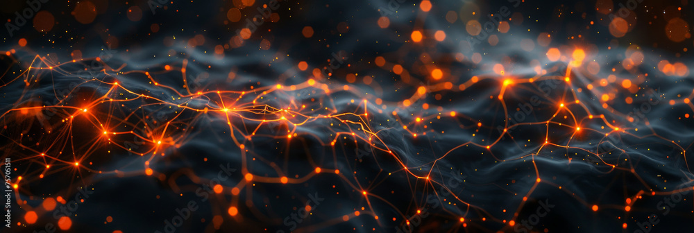 3D render of glowing network connections and neural networks on a black ...