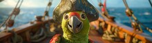 Close-up Shot Of A Green Pirate Parrot With A Detailed Hat Perched On A Pirate Ship Railing