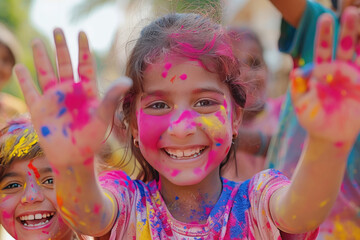 Wall Mural - Happy Indian children with colorful face enjoy at holi color festival.The most colorful festival on the planet, Holi is an annual Hindu religious festival.