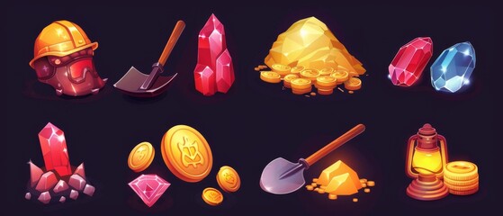 Wall Mural - This cartoon modern set of gui assets features a treasure miner carrying a golden coin pile and red shining gems or diamond crystals, a shovel with wooden handle, and a helmet with a lamp.