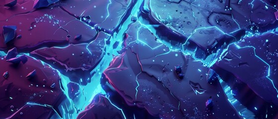 Wall Mural - This modern illustration shows a cracked ground surface with a blue flare glowing through it. It shows the fractured terrain with cracks, a crack crash, cold energy and smoke.