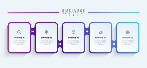 Design template for vector infographic labels with icons and 5 options or steps. Suitable for process diagrams, presentations, workflow layouts, banners, flow charts, and infographics.