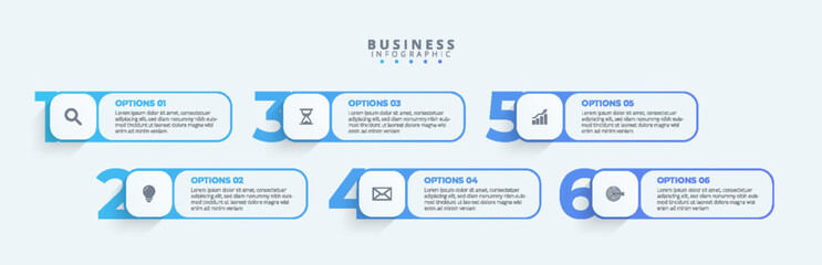 Design template for vector infographic labels with icons and 6 options or steps. Suitable for process diagrams, presentations, workflow layouts, banners, flow charts, and infographics.