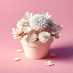 Pot of flowers, paper flowers, isolated on  a Pink background, 3d render