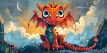 There Is A Cartoon Dragon Sitting On The Ground Cute Adorable Baby Dragon Stands In Nature By Night With Light In The Style Of  Cartoon Animation Fantasy 3D Style Illustration.
