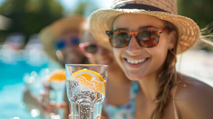 Wall Mural - A woman is holding a glass of water with an orange slice in it