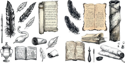 Wall Mural - Sketch literature writing, writer feather and ink sketch illustration