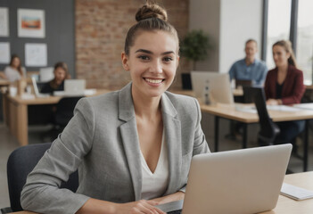 Poster - Confident businesswoman working on a laptop in a corporate office. Professional and focused atmosphere.