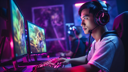 Poster - A young Asian man, Gamer, streamer in headphones, playing an online video game on a computer at home with neon lighting, Live streaming. Esports, Technology, Hobbies and Recreation, Lifestyle concepts