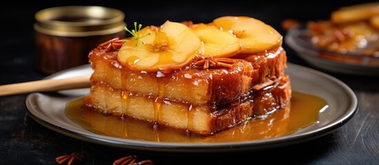 Wall Mural - A closeup of a delicious dessert, Zuppa Inglese, served on a plate with a spoon. This traditional Italian dish is made with layers of sponge cake, custard, and chocolate. A staple in Italian cuisine