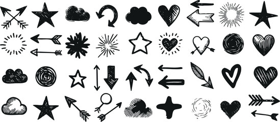 Wall Mural - Doodle icon vector set, hand drawn, stars, hearts, clouds, arrows. Unique, creative, black and white collection enhancing visual content. Perfect for web design, stickers, and decorative elements