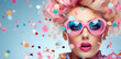 Creative photography, fashion closeup portrait of young woman with colorful confetti