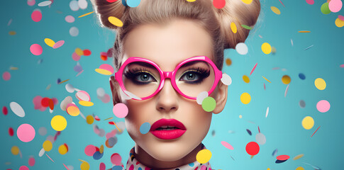 Creative photography, fashion closeup portrait of young woman with colorful confetti