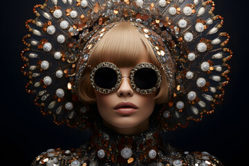 Wall Mural - Close up portrait of fashionable woman with an elaborate headpiece made of large round sequins gems and gold