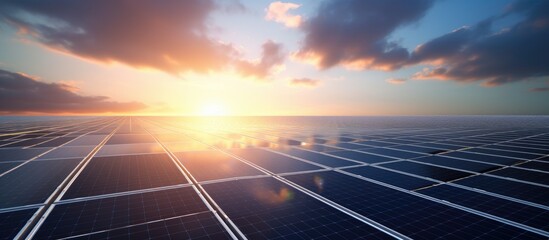 Wall Mural - The sun is breaking through the clouds, casting a warm light over a landscape filled with solar panels, creating a mesmerizing sight against the electric blue sky