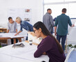 © peopleimages.com - Architecture, building and blueprint with designer woman in office for construction, planning or project management. Business, design and documents with young architect in workplace for development