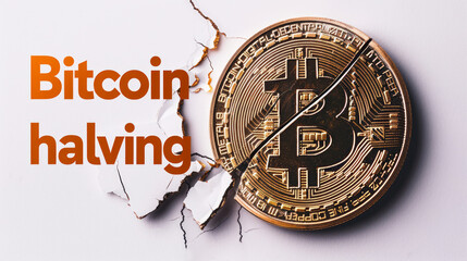 Bitcoin halving sign next to BTC crypto coin cracked in two parts on white background. Cryptocurrency breaking. Reward for Bitcoin mining is cut in half in 2024 concept