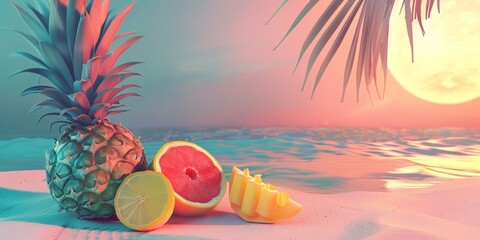 A tropical beach scene with a pineapple, orange, and mango on the sand