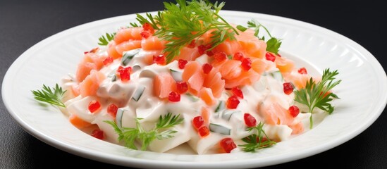 Canvas Print - A close up of a white plate featuring a vibrant salad with fresh leaf vegetables and fines herbes, showcasing a delicious and nutritious dish