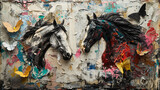 Fototapeta Niebo - Vibrant abstract painting of two horses with butterflies on textured canvas