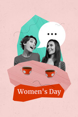 Canvas Print - Exclusive magazine picture sketch collage image of funny excited ladies drinking coffee enjoying women day isolated creative background