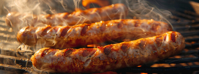 Wall Mural - Sausages fried with spices and herbs, Selective focus