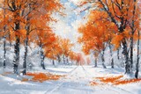 Fototapeta Kuchnia - Beautiful drawing of a winter landscape with bright orange autumn trees in the snow.