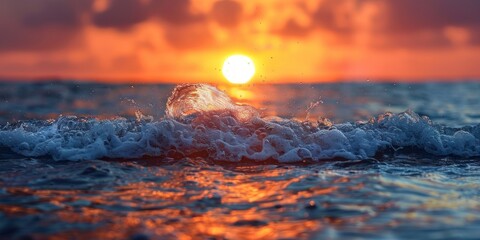 Wall Mural - Beautiful sunset on the sea with waves and splashes of water