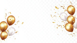 Fototapeta Tęcza - Celebration banner with gold confetti and balloons, isolated on transparent background