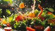 Fresh vegetable salad with water splash on dark background. Healthy food concept