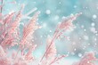 Beautiful gentle pastel winter snowy natural background. Dry snow-covered pink grass in nature against background light flakes falling snow and pale blue sky.