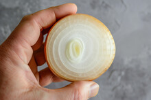 Hand Holding Sliced Yellow Onion Isolated On Gray, Healthy Food Concept