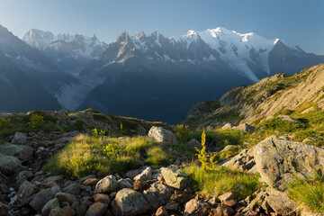 Grandes Jorasses, Aiguille du Grépon, Aiguille du Plan, Aiguilles Midi, Mont Blanc, Haute-Savoie, Frankreich