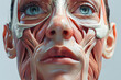 Front view woman closeup face. Human anatomy, skin and muscles