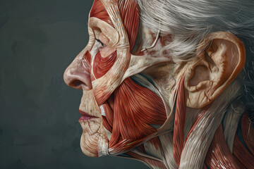 Wall Mural - Side view old woman closeup face. Human anatomy, skin and muscles