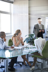 Poster - Meeting, presentation and businessman in office with window, report or speaker at b2b workshop. Teamwork, discussion and business people in conference room brainstorming ideas, planning and review