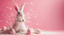Easter Baking. Bunny With Flour And Eggs On Pink Background With Copy Space