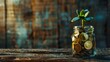 Financial Prosperity Blooms A Glass Jar Filled with Coins and a Growing Plant on a Wooden Background