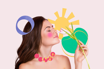 Sticker - Composite photo collage of adorable dreamy young woman naked shoulders smell flower bloom tulip sun spring isolated on painted background